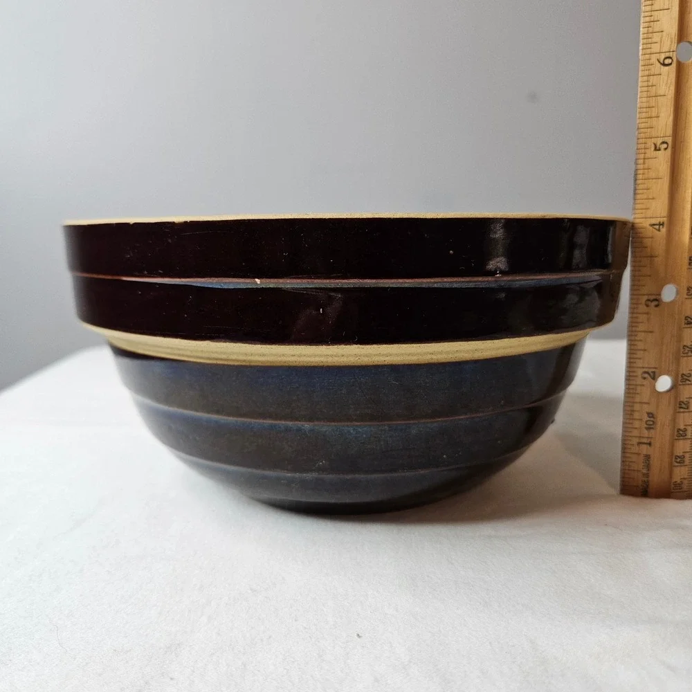Vintage‎ USA 8 Inch Banded Stoneware Mixing Bowl Brown Blue Tan Ribbed Pottery